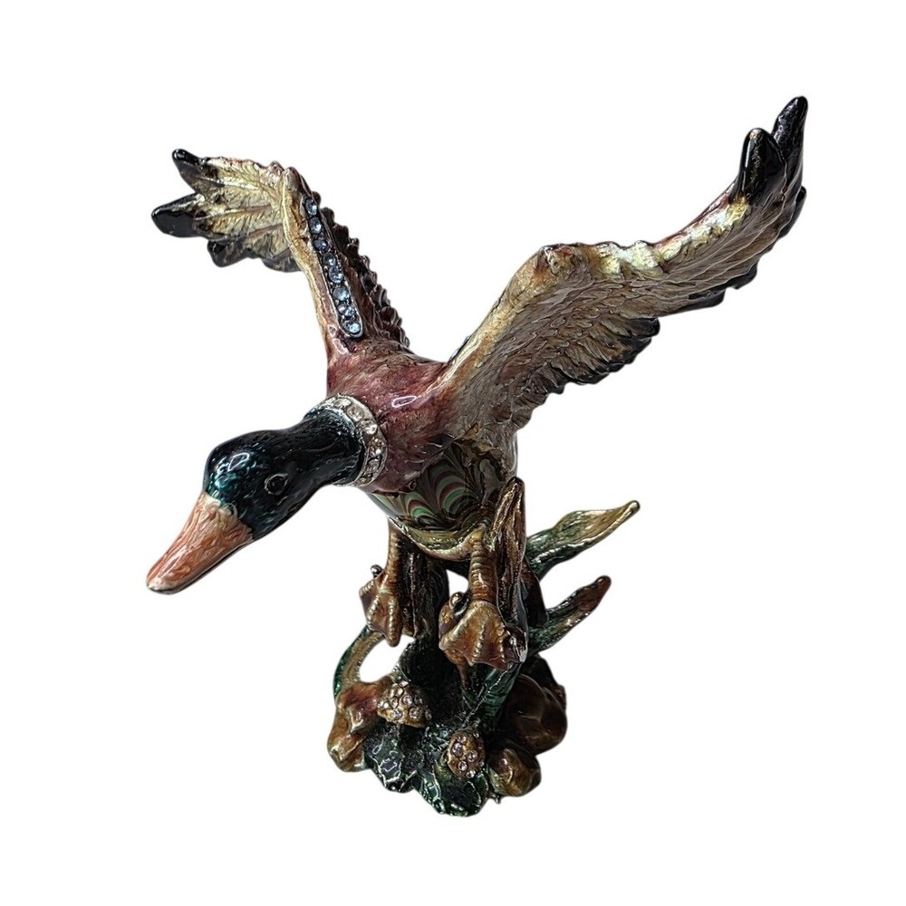 Enameled Metal Mallard Duck Figurine Rhinestone Accents Bird in‎ Flight Decor